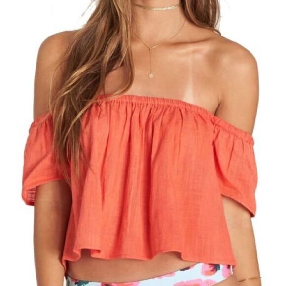 Billabong Orange Off Shoulder Top Blouse Shirt Tangerine Orange Size Medium - Picture 1 of 6